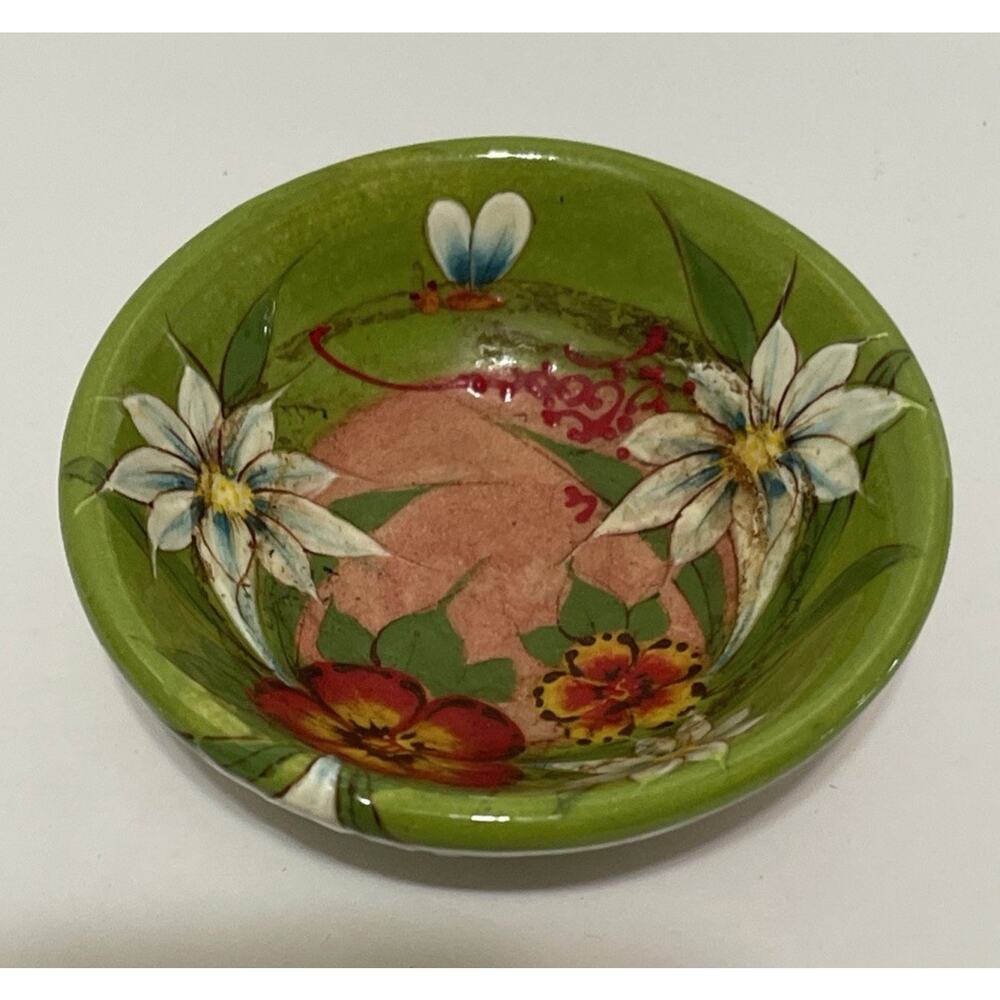 Hand Painted Pottery Bowl Trinket Tray Green Stoneware Floral Candy Dish